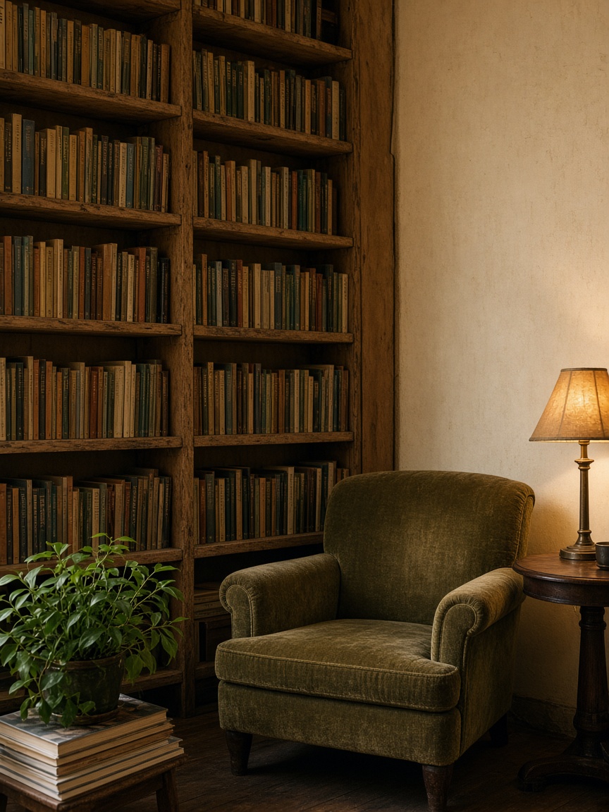 Kit@pEvi bookshop corner with a tall wooden shelf, olive armchair, reading lamp, and a house plant.