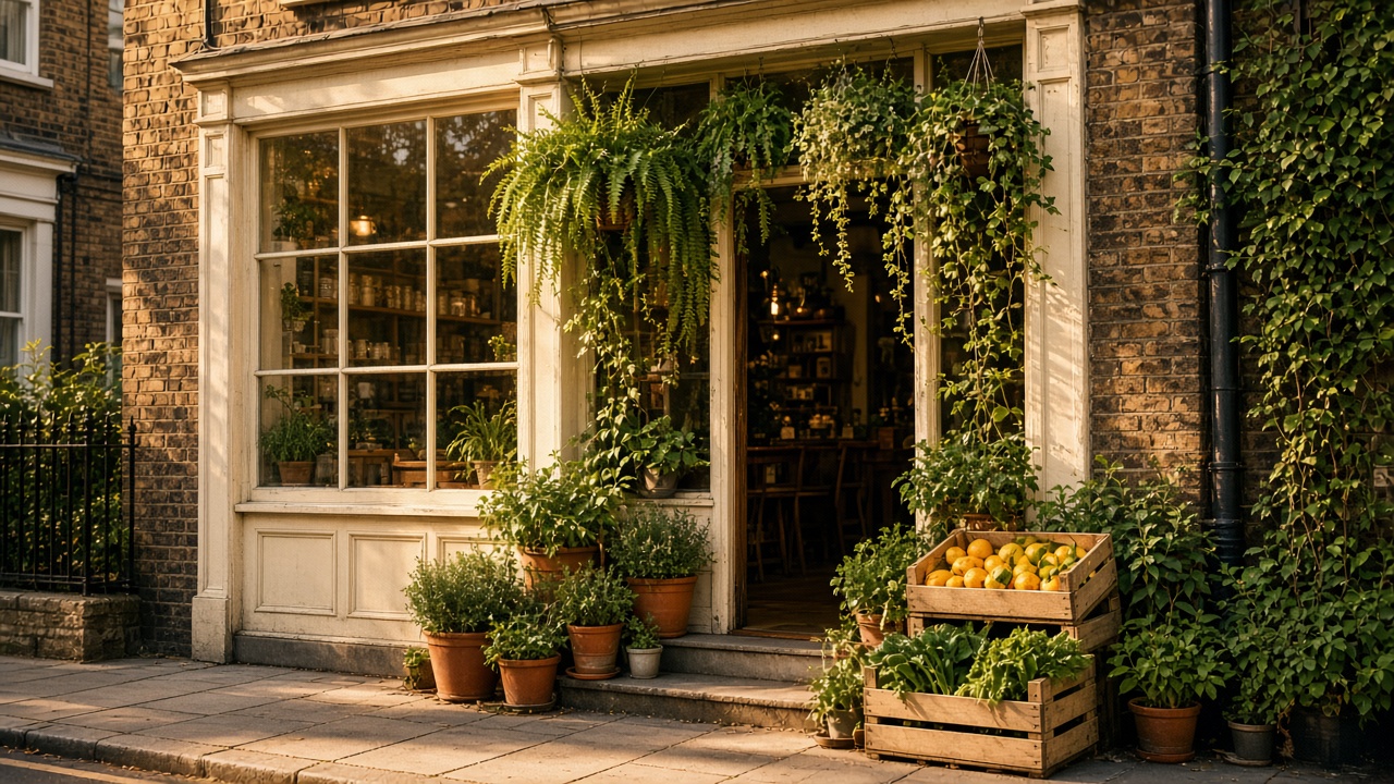 Plant-filled Fieldseat entrance with hanging ferns, terracotta pots, and crates of citrus on a brick High Road shopfront.